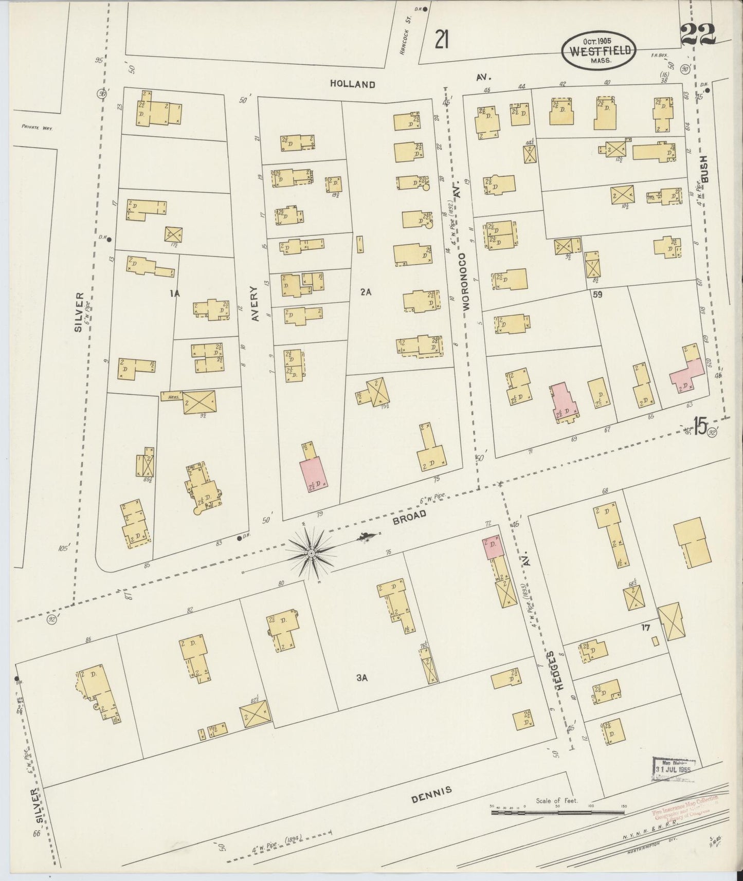 Sanborn Fire Insurance Map from Westfield, Hampden County, Massachusetts (1905), Sheet #0022 - Historic Sanborn Fire Insurance Map Print, vintage old map wall art, antique decor, genealogy gift, Massachusetts Massachusetts map