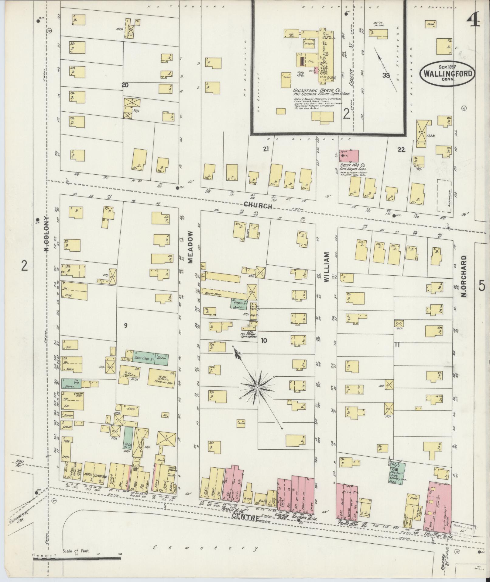 Sanborn Fire Insurance Map from Wallingford, New Haven County, Connecticut (1897), Sheet #0004 - Complete Map Set gallery image, historic Sanborn map, vintage wall art, Connecticut Connecticut