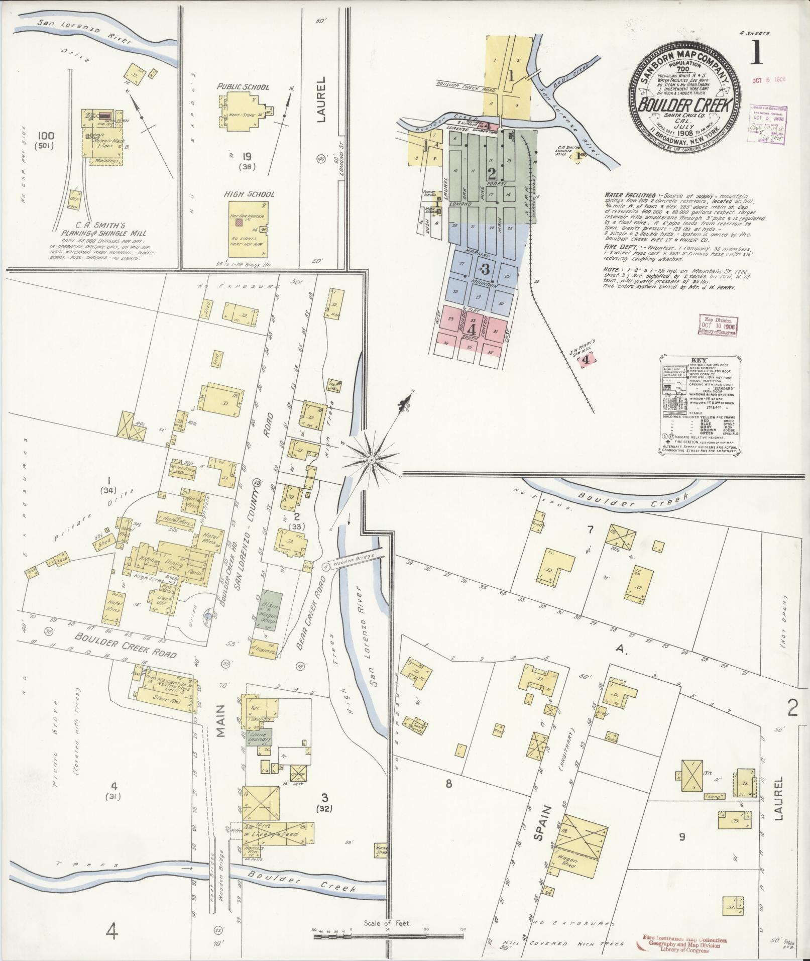Sanborn Fire Insurance Map from Boulder Creek, Santa Cruz County, California (1908), Sheet #0001 - Historic Sanborn Fire Insurance Map Print, vintage old map wall art, antique decor, genealogy gift, California California map