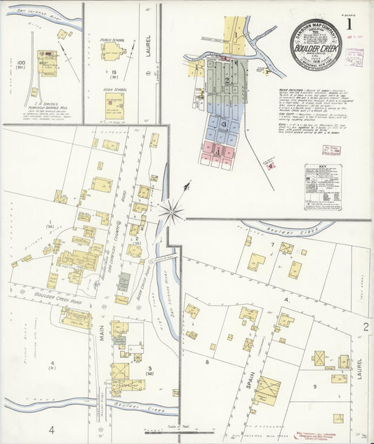 Sanborn Fire Insurance Map from Boulder Creek, Santa Cruz County, California (1908), Sheet #0001 - Historic Sanborn Fire Insurance Map Print, vintage old map wall art, antique decor, genealogy gift, California California map