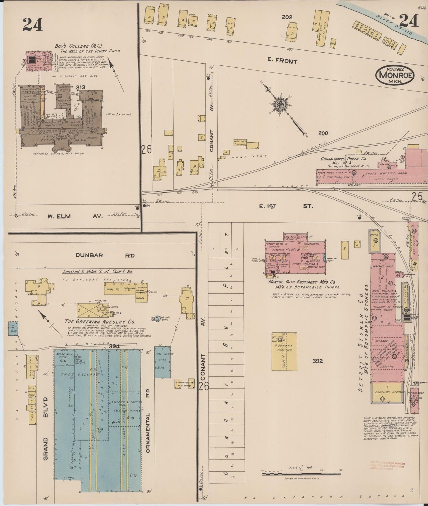 Sanborn Fire Insurance Map from Monroe, Monroe County, Michigan (1922), Sheet #0024 - Historic Sanborn Fire Insurance Map Print, vintage old map wall art, antique decor, genealogy gift, Michigan Michigan map