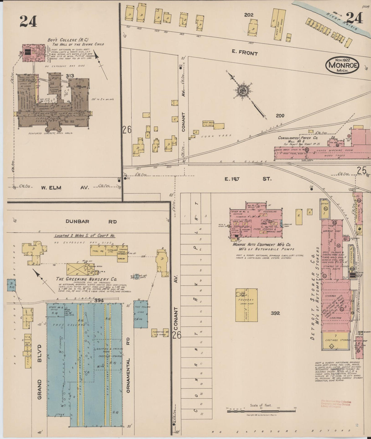 Sanborn Fire Insurance Map from Monroe, Monroe County, Michigan (1922), Sheet #0024 - Historic Sanborn Fire Insurance Map Print, vintage old map wall art, antique decor, genealogy gift, Michigan Michigan map
