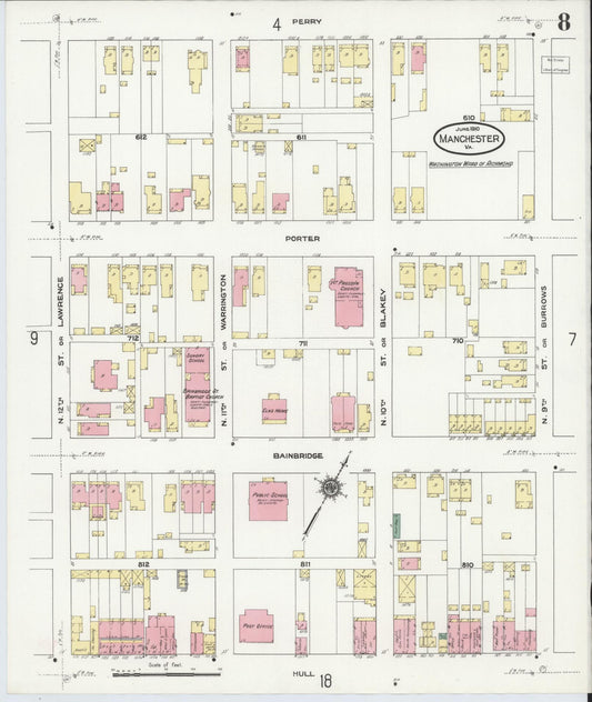 Sanborn Fire Insurance Map from Manchester, Chesterfield County, Virginia (1910), Sheet #0008 - Historic Sanborn Fire Insurance Map Print, vintage old map wall art, antique decor, genealogy gift, Virginia Virginia map