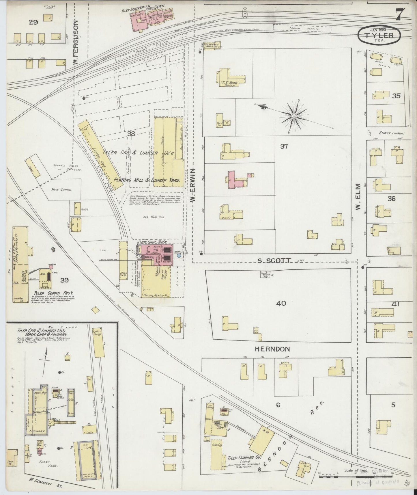 Sanborn Fire Insurance Map from Tyler, Smith County, Texas (1893), Sheet #0007 - Historic Sanborn Fire Insurance Map Print, vintage old map wall art, antique decor, genealogy gift, Texas Texas map