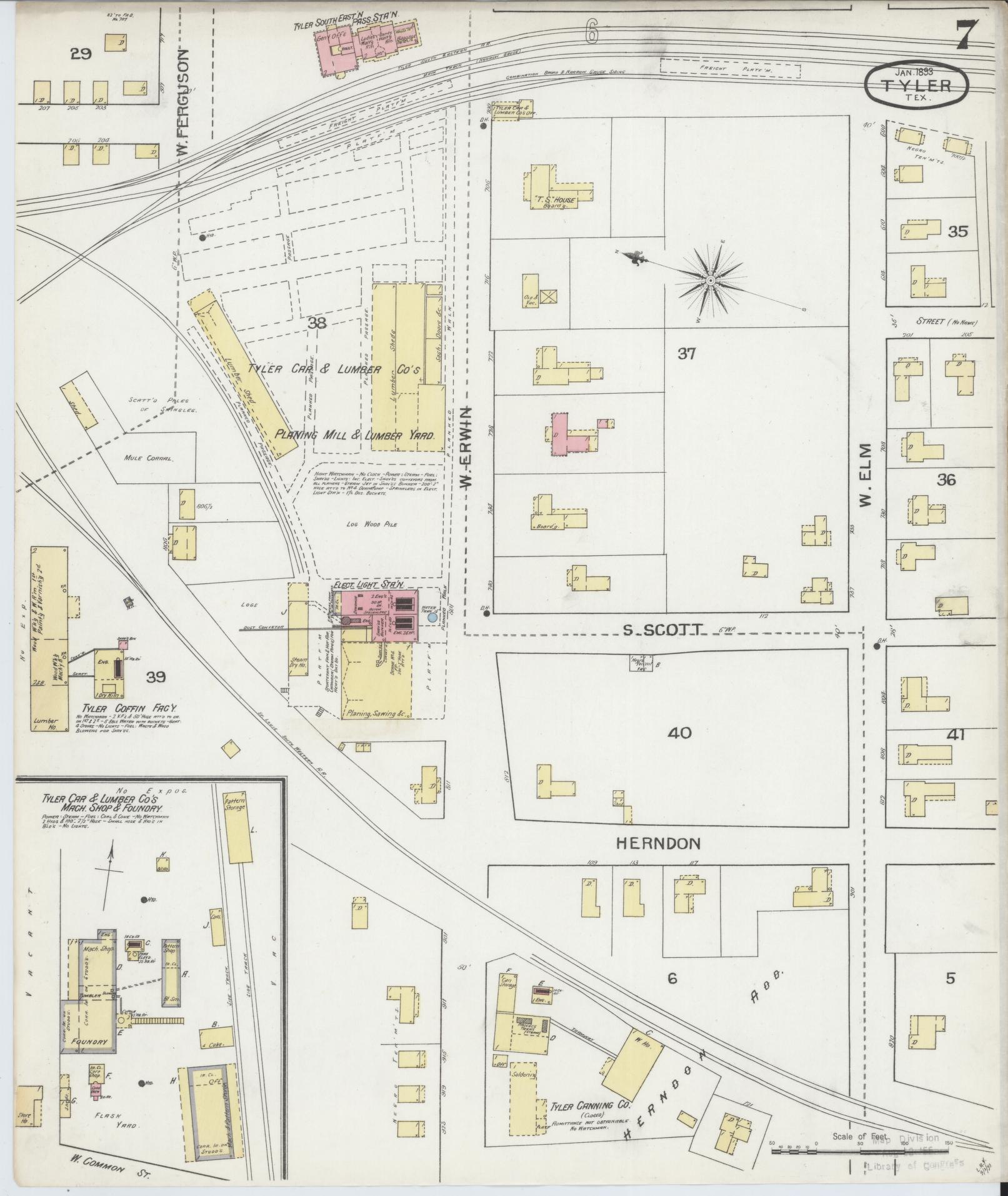 Sanborn Fire Insurance Map from Tyler, Smith County, Texas (1893), Sheet #0007 - Historic Sanborn Fire Insurance Map Print, vintage old map wall art, antique decor, genealogy gift, Texas Texas map
