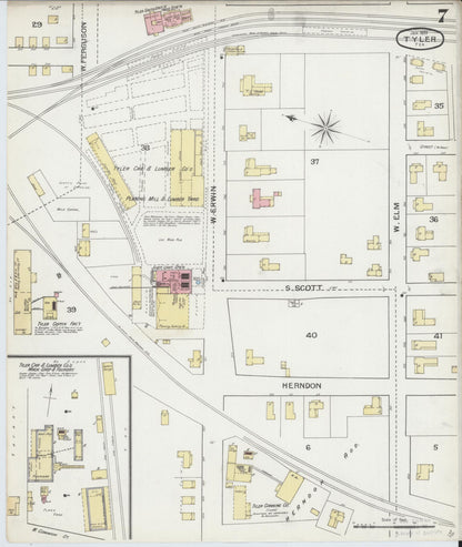 Sanborn Fire Insurance Map from Tyler, Smith County, Texas (1893), Sheet #0007 - Historic Sanborn Fire Insurance Map Print, vintage old map wall art, antique decor, genealogy gift, Texas Texas map