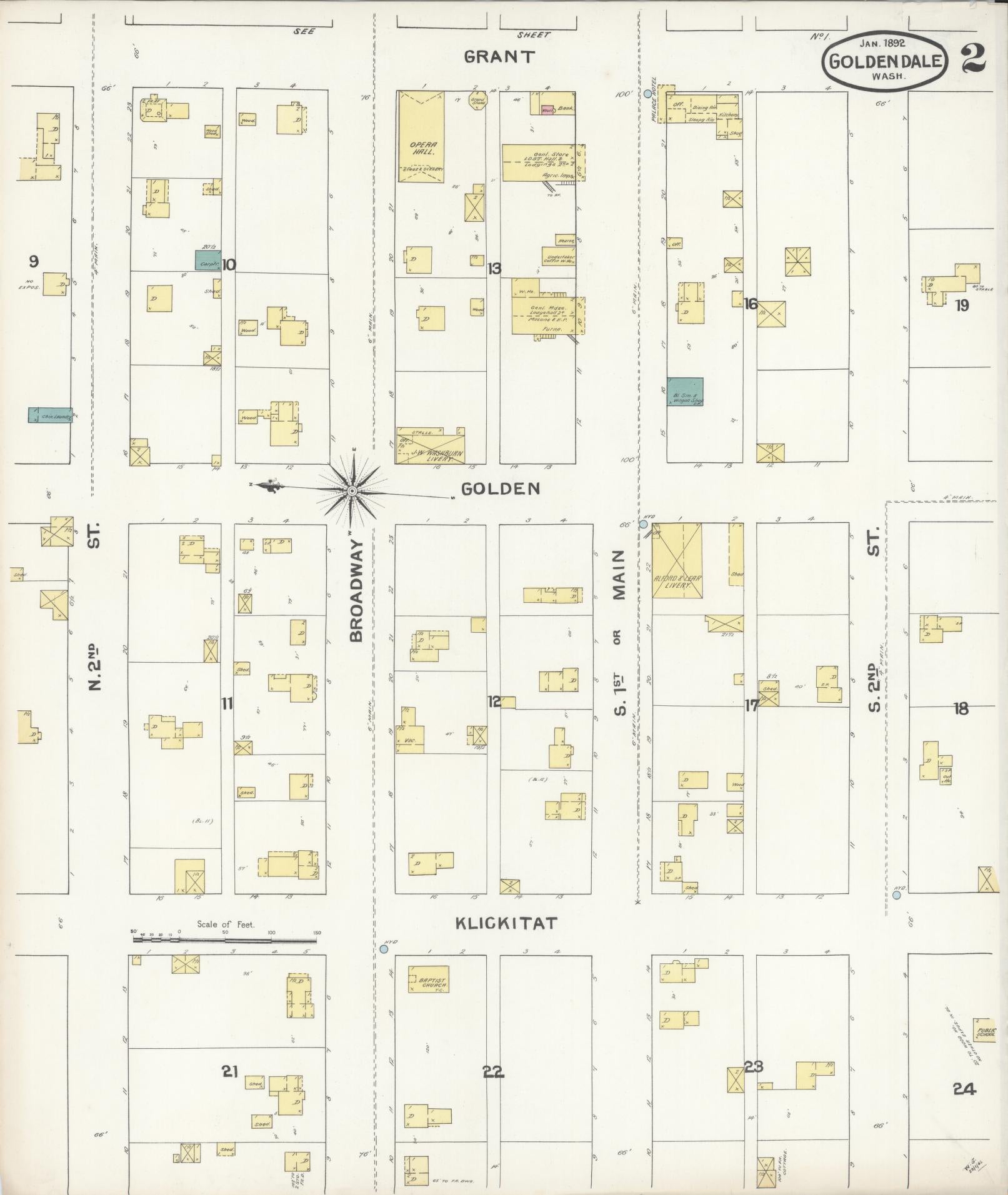 Sanborn Fire Insurance Map from Goldendale, Klickitat County, Washington (1892), Sheet #0002 - Complete Map Set gallery image, historic Sanborn map, vintage wall art, Washington Washington