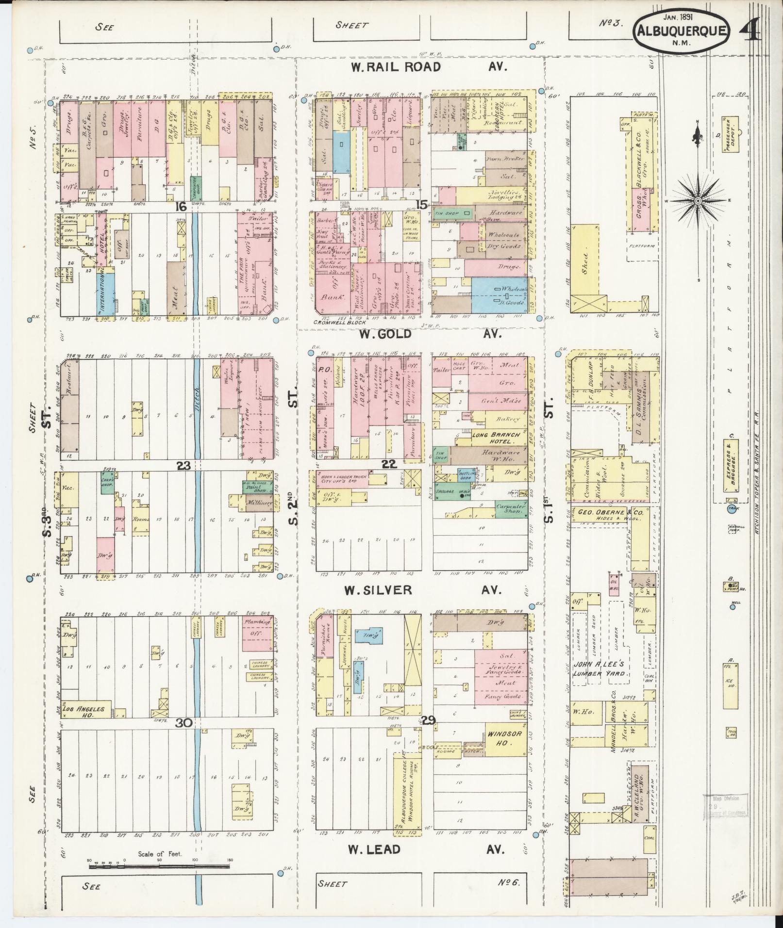 Sanborn Fire Insurance Map from Albuquerque, Bernalillo County, New Mexico (1891), Sheet #0004 - Historic Sanborn Fire Insurance Map Print, vintage old map wall art, antique decor, genealogy gift, New Mexico New Mexico map