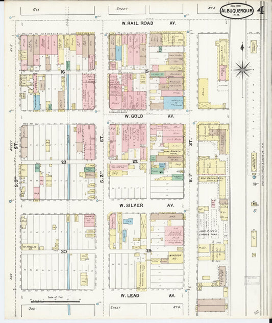 Sanborn Fire Insurance Map from Albuquerque, Bernalillo County, New Mexico (1891), Sheet #0004 - Historic Sanborn Fire Insurance Map Print, vintage old map wall art, antique decor, genealogy gift, New Mexico New Mexico map