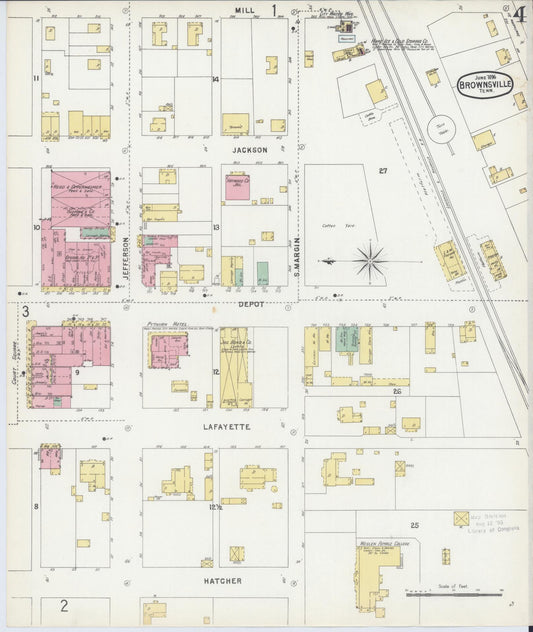 Sanborn Fire Insurance Map from Brownsville, Haywood County, Tennessee (1896), Sheet #0004 - Historic Sanborn Fire Insurance Map Print, vintage old map wall art, antique decor, genealogy gift, Tennessee Tennessee map
