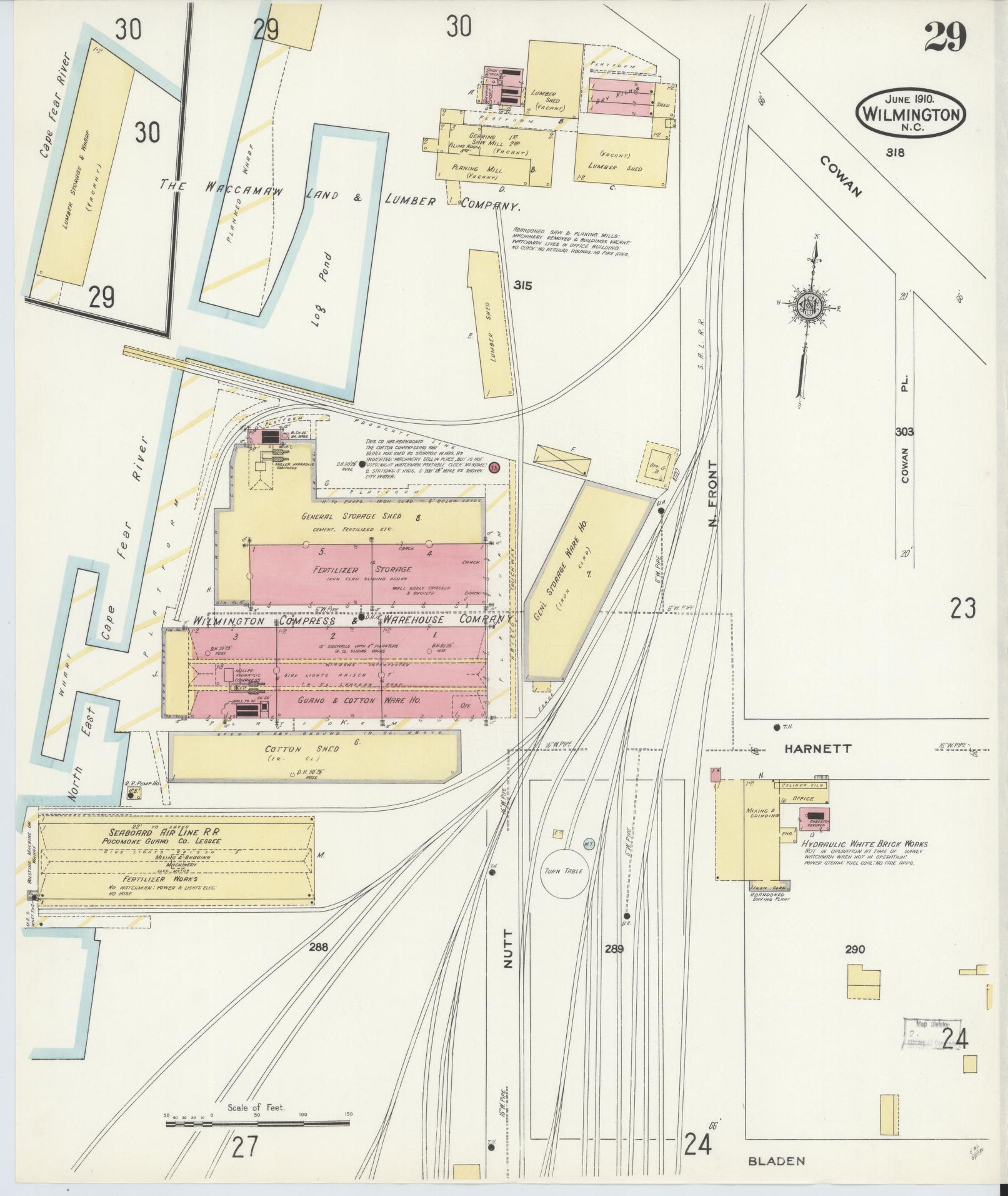 Sanborn Fire Insurance Map from Wilmington, New Hanover County, North Carolina (1910), Sheet #0029 - Historic Sanborn Fire Insurance Map Print, vintage old map wall art, antique decor, genealogy gift, North Carolina North Carolina map