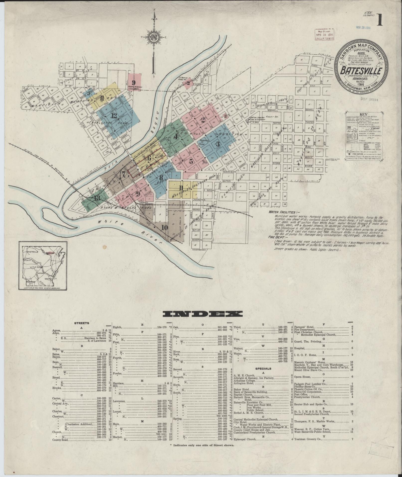 Sanborn Fire Insurance Map from Batesville, Independence County, Arkansas (1914), Sheet #0001 - Complete Map Set gallery image, historic Sanborn map, vintage wall art, Arkansas Arkansas