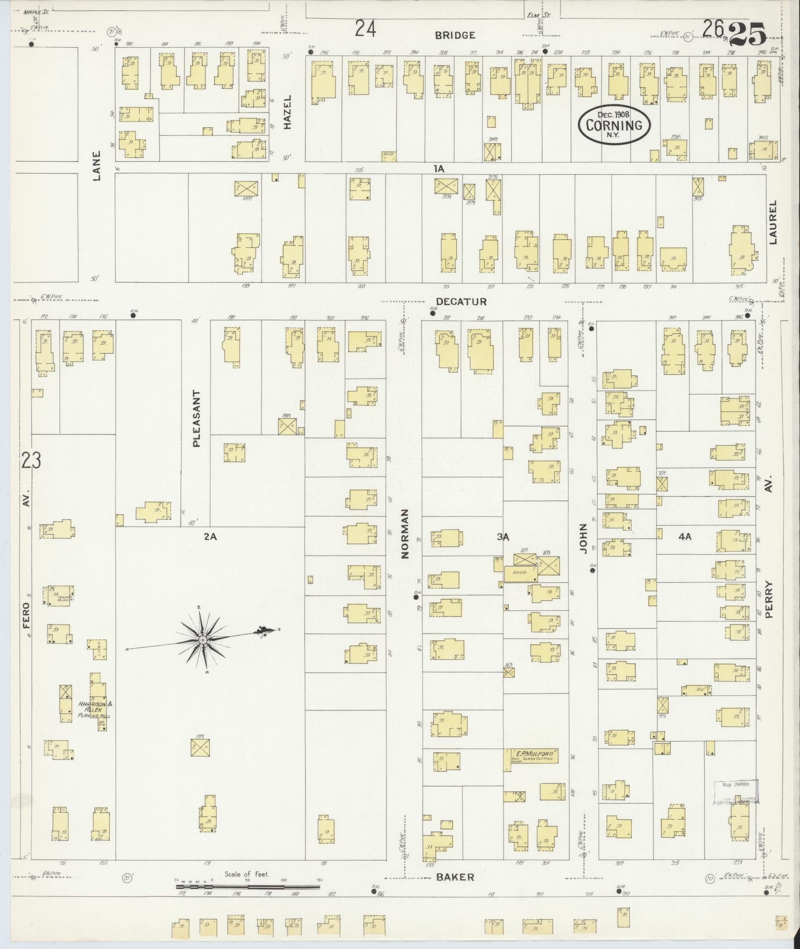 Sanborn Fire Insurance Map from Corning, Steuben County, New York (1908), Sheet #0025 - Historic Sanborn Fire Insurance Map Print, vintage old map wall art, antique decor, genealogy gift, New York New York map