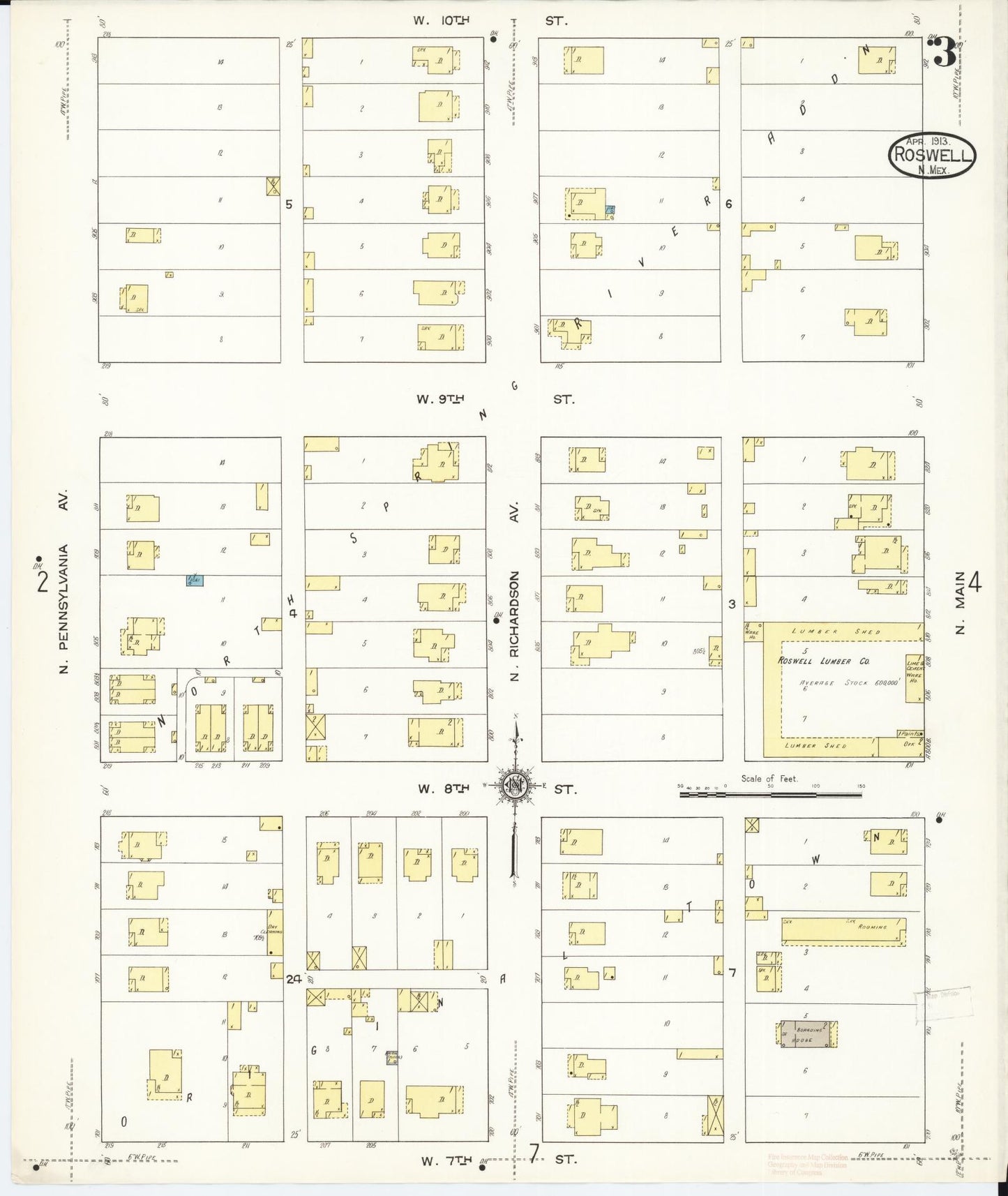Sanborn Fire Insurance Map from Roswell, Chaves County, New Mexico (1913), Sheet #0003 - Historic Sanborn Fire Insurance Map Print, vintage old map wall art, antique decor, genealogy gift, New Mexico New Mexico map