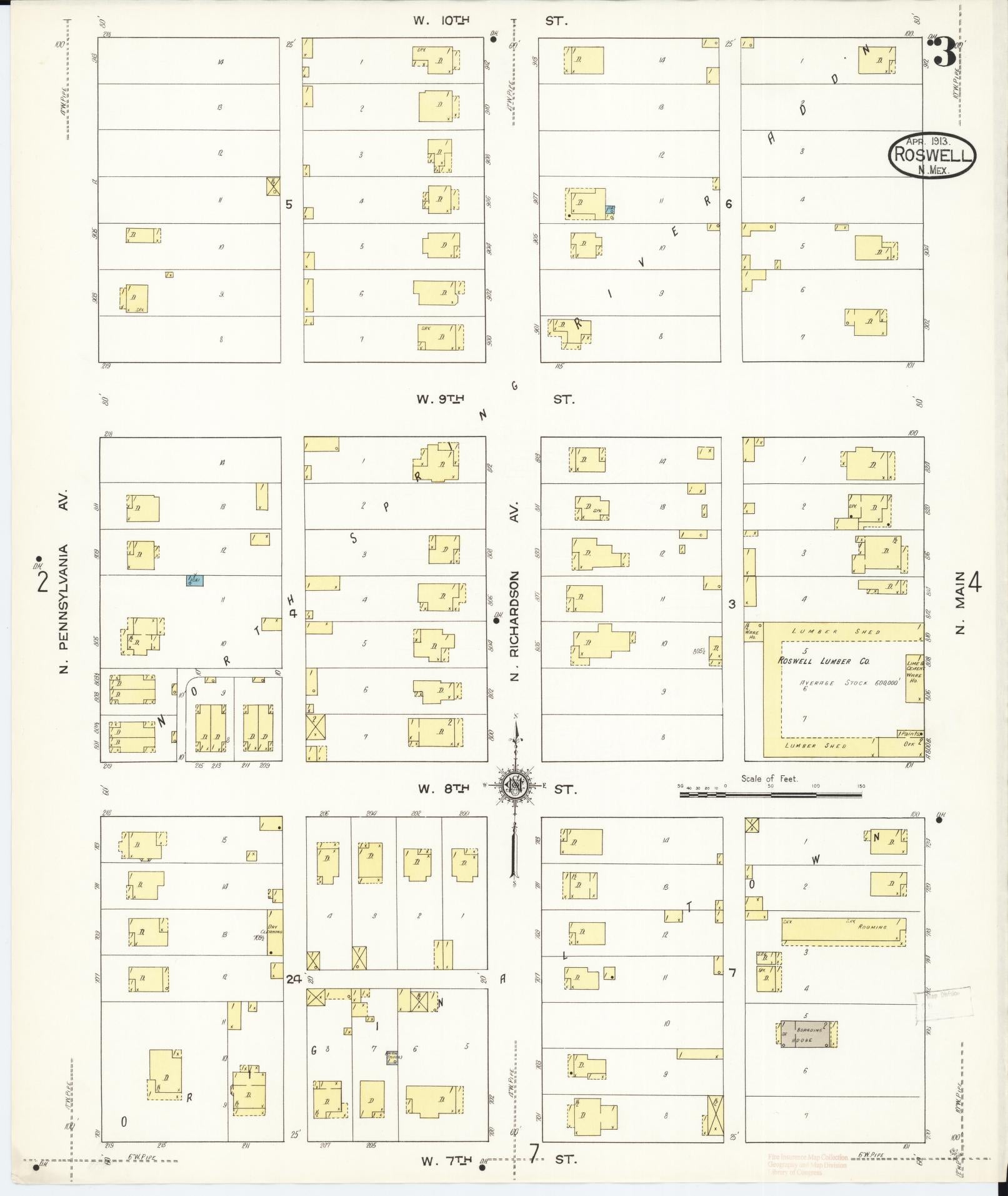 Sanborn Fire Insurance Map from Roswell, Chaves County, New Mexico (1913), Sheet #0003 - Historic Sanborn Fire Insurance Map Print, vintage old map wall art, antique decor, genealogy gift, New Mexico New Mexico map