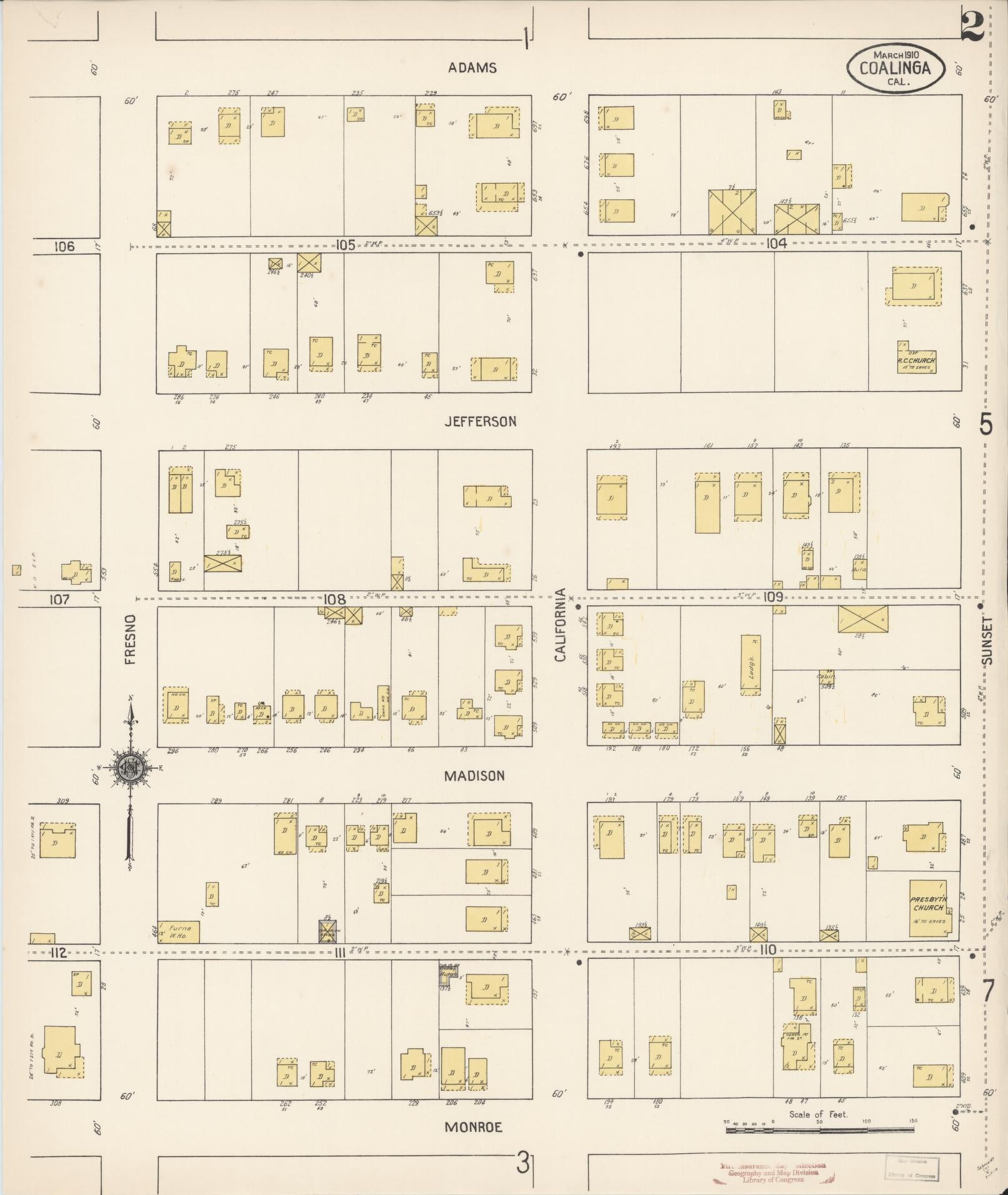 Sanborn Fire Insurance Map from Coalinga, Fresno County, California (1910), Sheet #0002 - Complete Map Set gallery image, historic Sanborn map, vintage wall art, California California