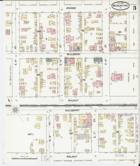 Sanborn Fire Insurance Map from Muscatine, Muscatine County, Iowa (1888), Sheet #0003 - Historic Sanborn Fire Insurance Map Print, vintage old map wall art