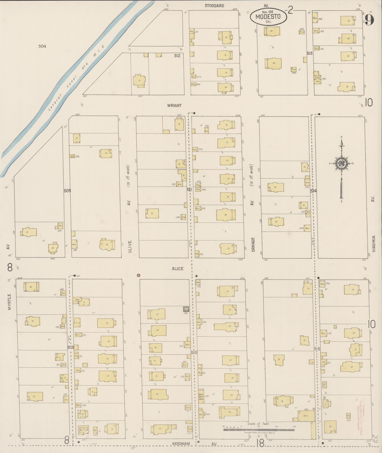 Sanborn Fire Insurance Map from Modesto, Stanislaus County, California (1919), Sheet #0009 - Complete Map Set gallery image, historic Sanborn map, vintage wall art, California California