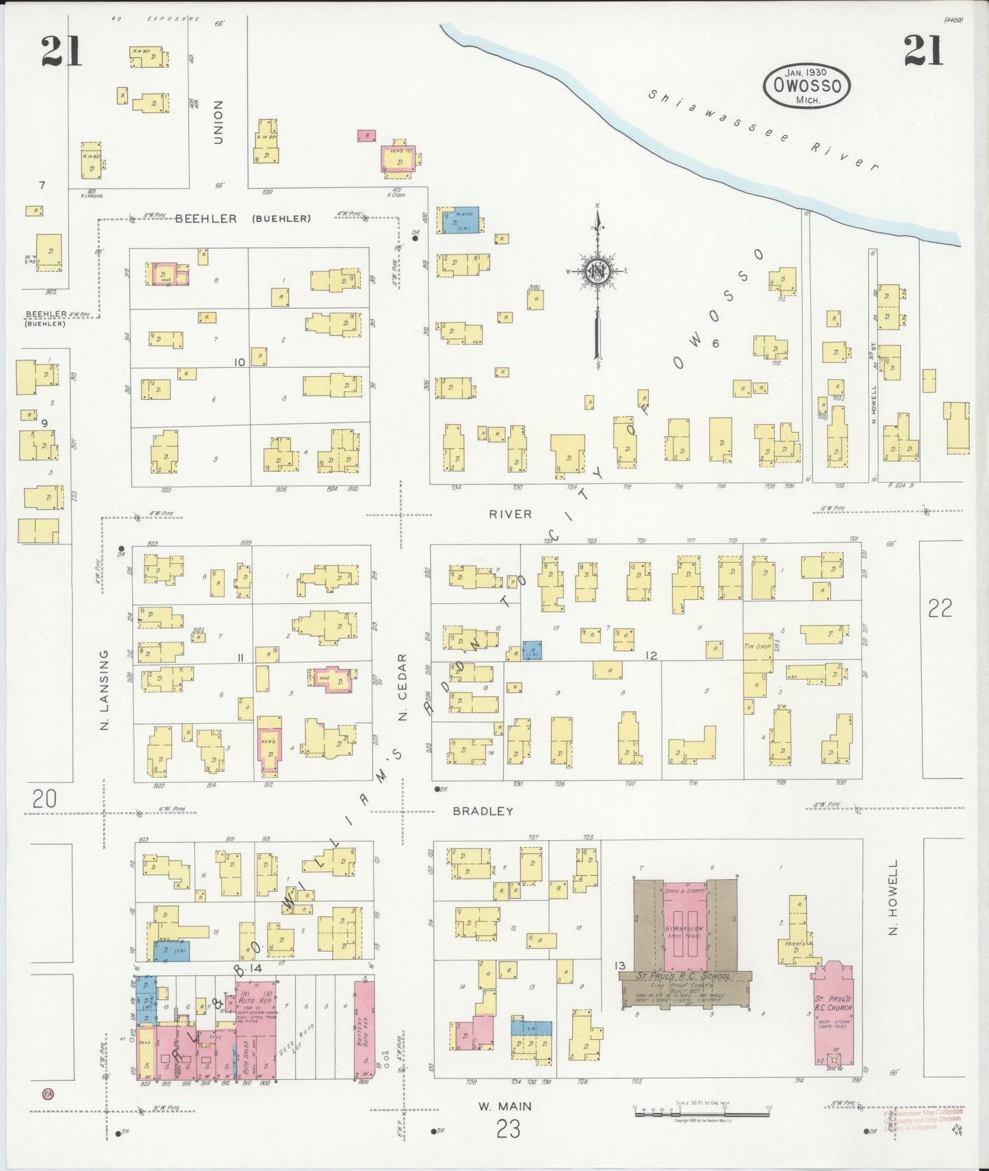 Sanborn Fire Insurance Map from Owosso, Shiawassee County, Michigan (1930), Sheet #0021 - Historic Sanborn Fire Insurance Map Print, vintage old map wall art, antique decor, genealogy gift, Michigan Michigan map