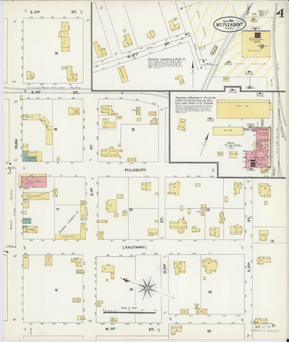 Sanborn Fire Insurance Map from Mount Pleasant, Titus County, Texas (1906), Sheet #0004 - Complete Map Set gallery image, historic Sanborn map, vintage wall art, Texas Texas