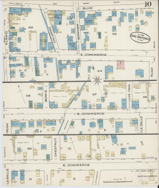 Sanborn Fire Insurance Map from San Antonio, Bexar County, Texas (1885), Sheet #0010 - Historic Sanborn Fire Insurance Map Print, vintage old map wall art, antique decor, genealogy gift, Texas Texas map