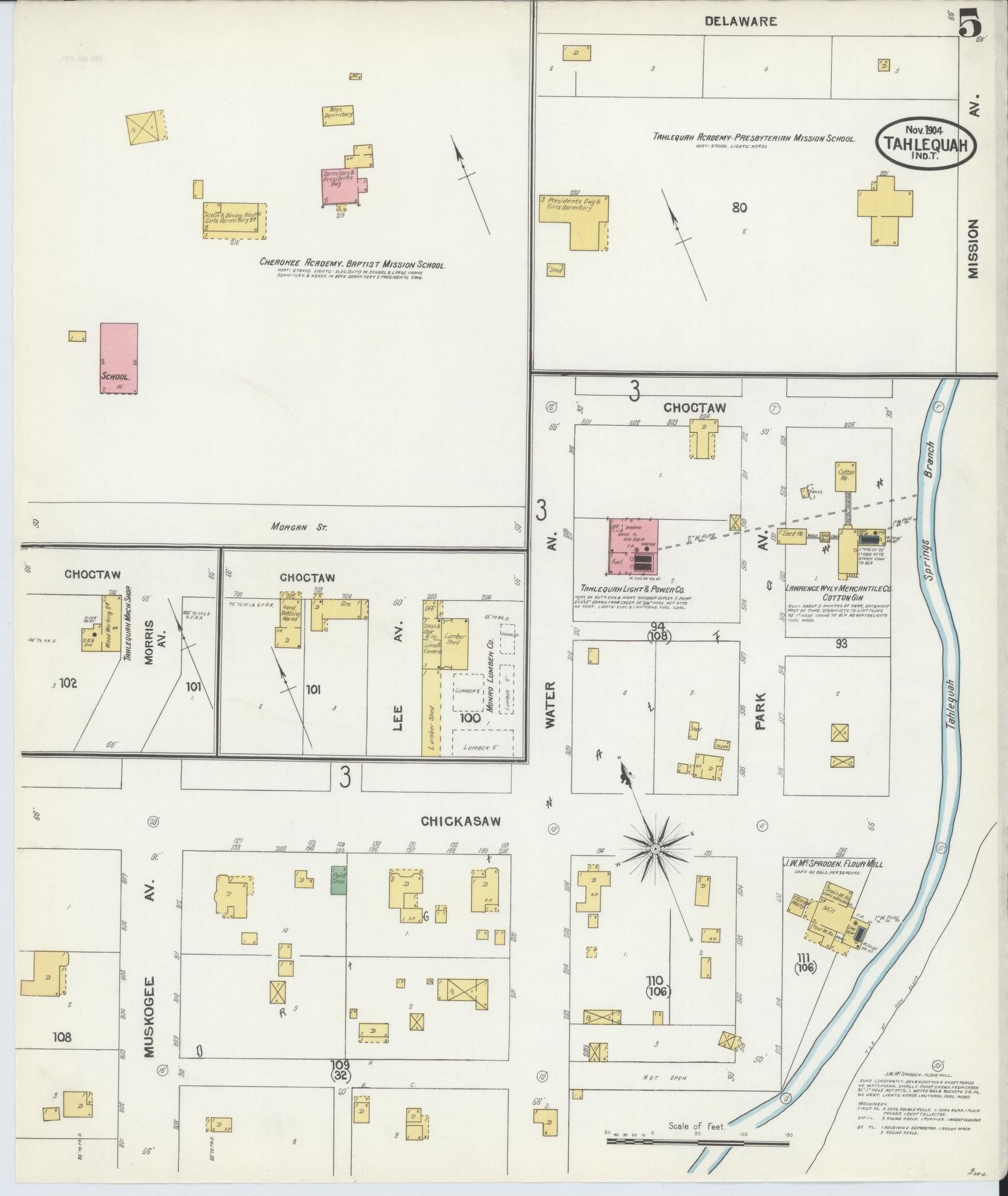Sanborn Fire Insurance Map from Tahlequah, Cherokee County, Oklahoma (1904), Sheet #0005 - Historic Sanborn Fire Insurance Map Print, vintage old map wall art, antique decor, genealogy gift, Oklahoma Oklahoma map