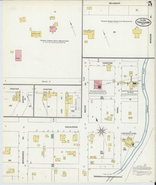 Sanborn Fire Insurance Map from Tahlequah, Cherokee County, Oklahoma (1904), Sheet #0005 - Historic Sanborn Fire Insurance Map Print, vintage old map wall art, antique decor, genealogy gift, Oklahoma Oklahoma map