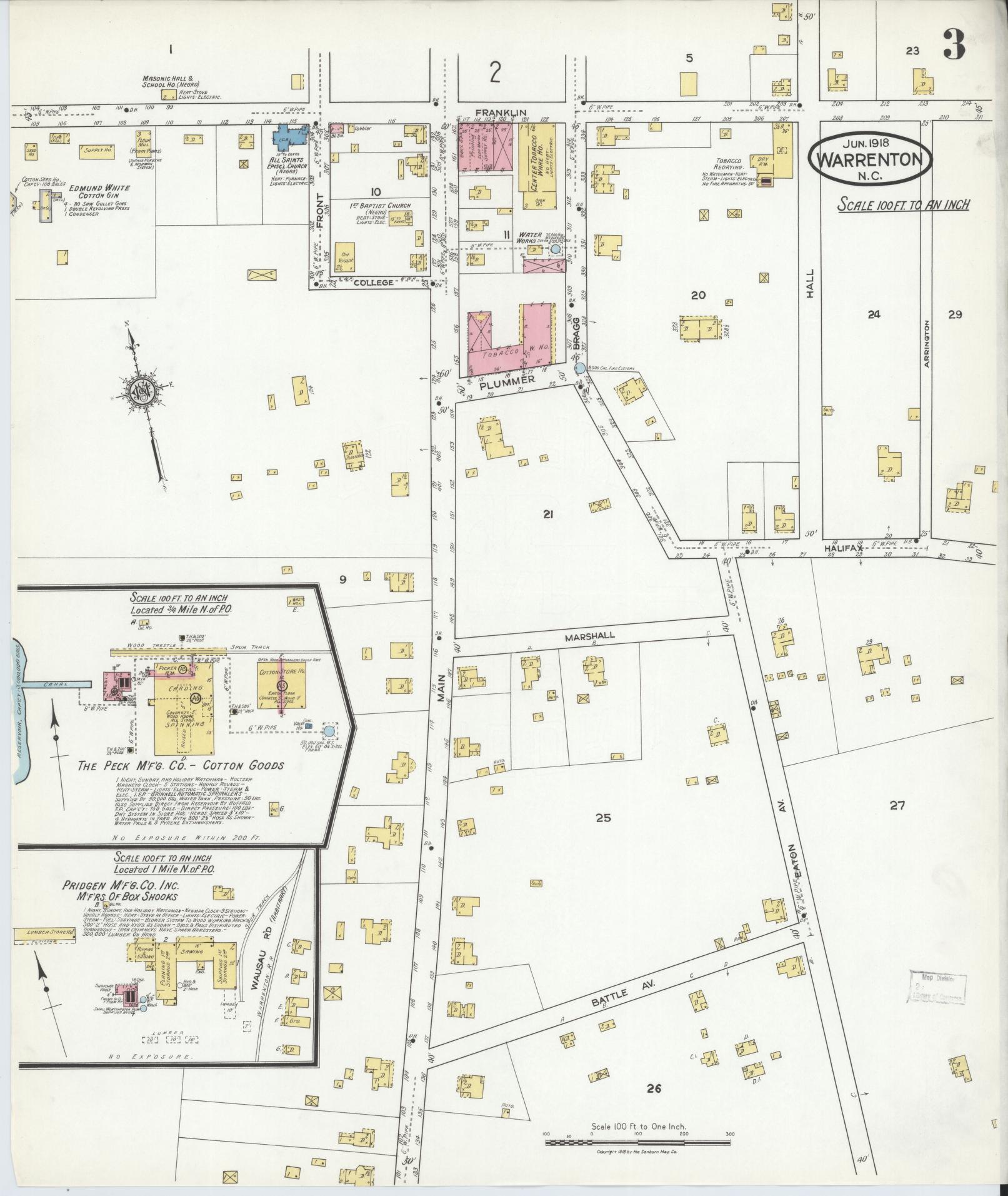 Sanborn Fire Insurance Map from Warrenton, Warren County, North Carolina (1918), Sheet #0003 - Historic Sanborn Fire Insurance Map Print, vintage old map wall art, antique decor, genealogy gift, North Carolina North Carolina map