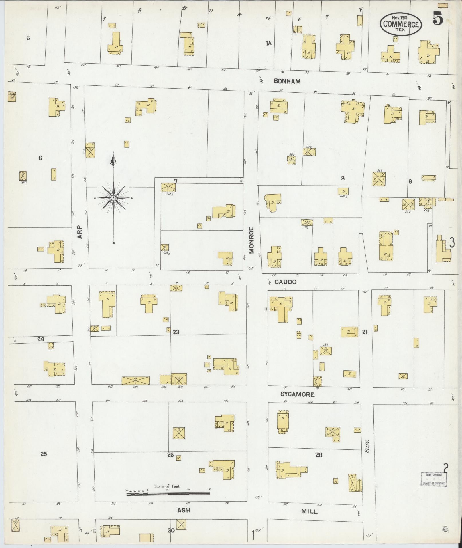 Sanborn Fire Insurance Map from Commerce, Hunt County, Texas (1901), Sheet #0005 - Historic Sanborn Fire Insurance Map Print, vintage old map wall art, antique decor, genealogy gift, Texas Texas map