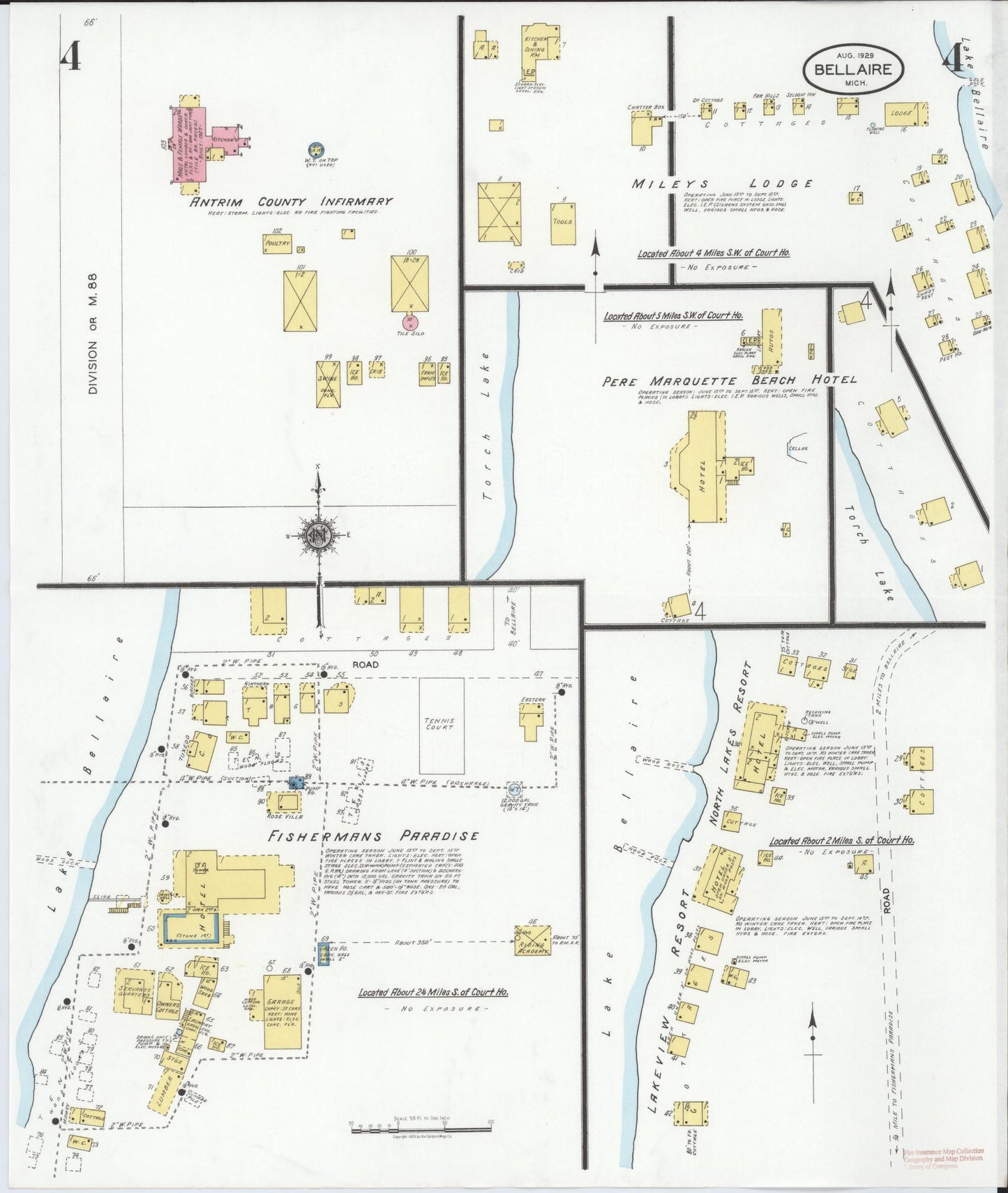 Sanborn Fire Insurance Map from Bellaire, Antrim County, Michigan (1929), Sheet #0004 - Historic Sanborn Fire Insurance Map Print, vintage old map wall art, antique decor, genealogy gift, Michigan Michigan map