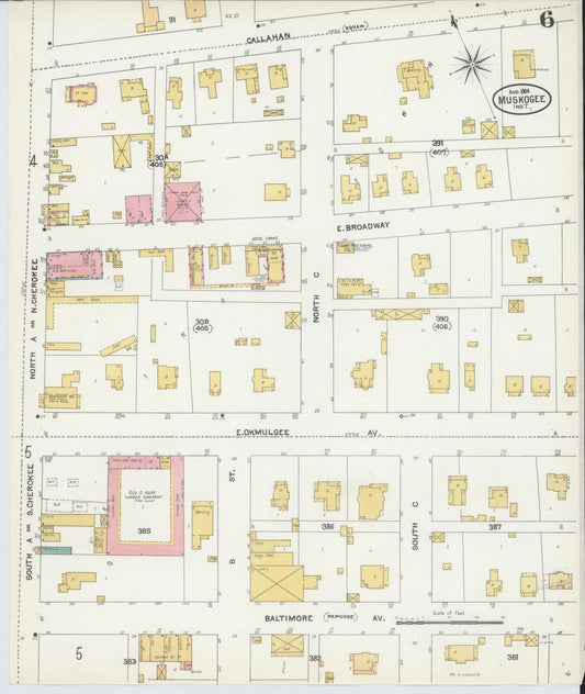 Sanborn Fire Insurance Map from Muskogee, Muskogee County, Oklahoma (1904), Sheet #0006 - Historic Sanborn Fire Insurance Map Print, vintage old map wall art, antique decor, genealogy gift, Oklahoma Oklahoma map