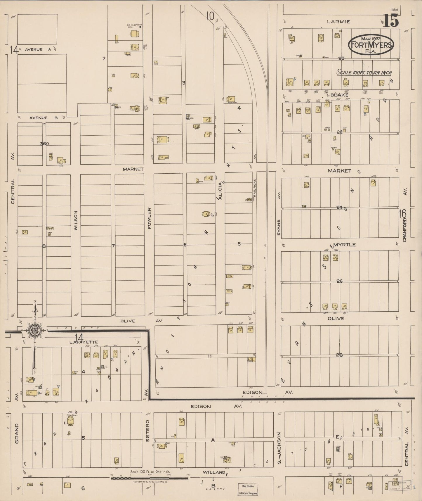 Sanborn Fire Insurance Map from Fort Myers, Lee County, Florida (1922), Sheet #0015 - Complete Map Set gallery image, historic Sanborn map, vintage wall art, Florida Florida