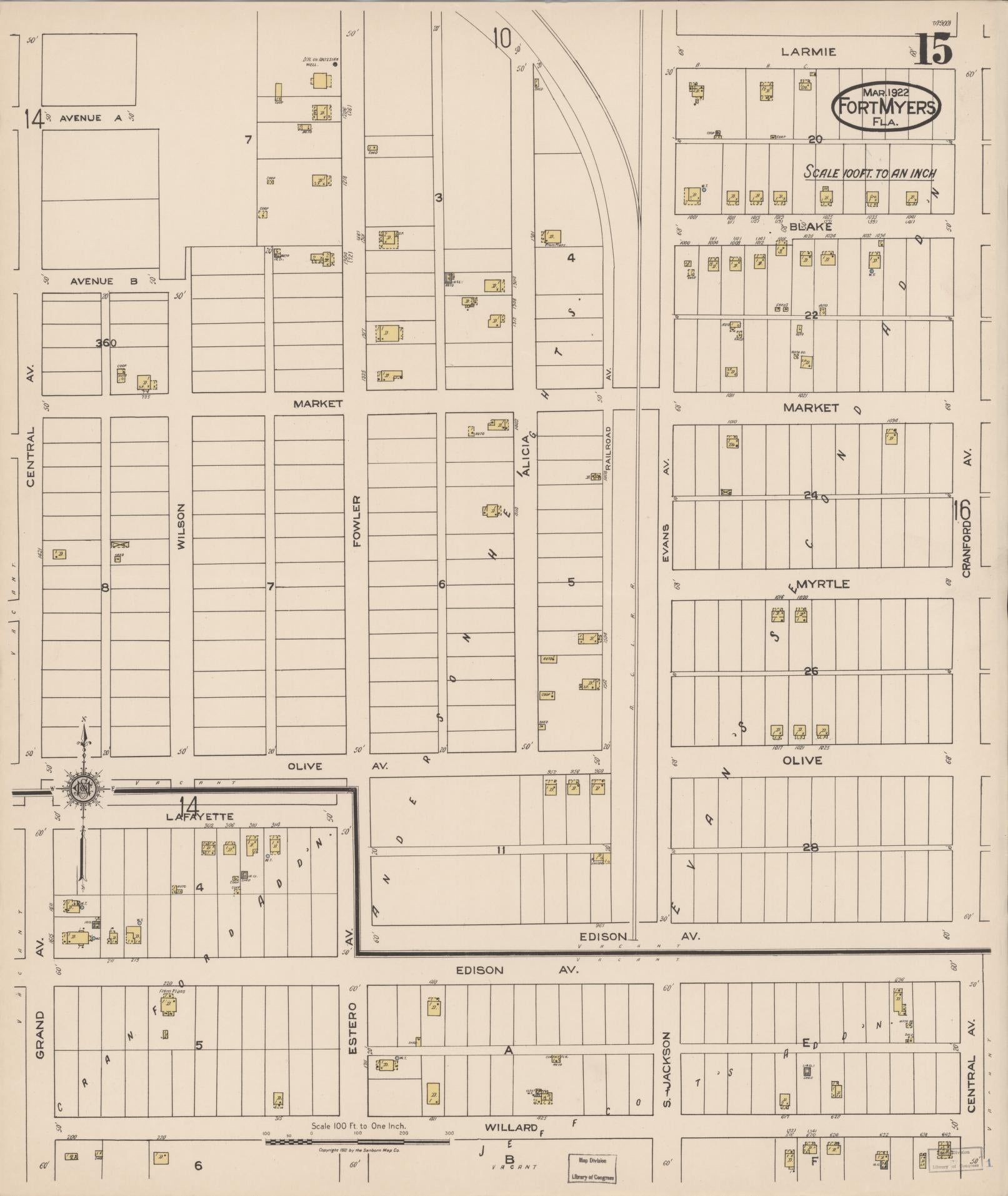 Sanborn Fire Insurance Map from Fort Myers, Lee County, Florida (1922), Sheet #0015 - Complete Map Set gallery image, historic Sanborn map, vintage wall art, Florida Florida