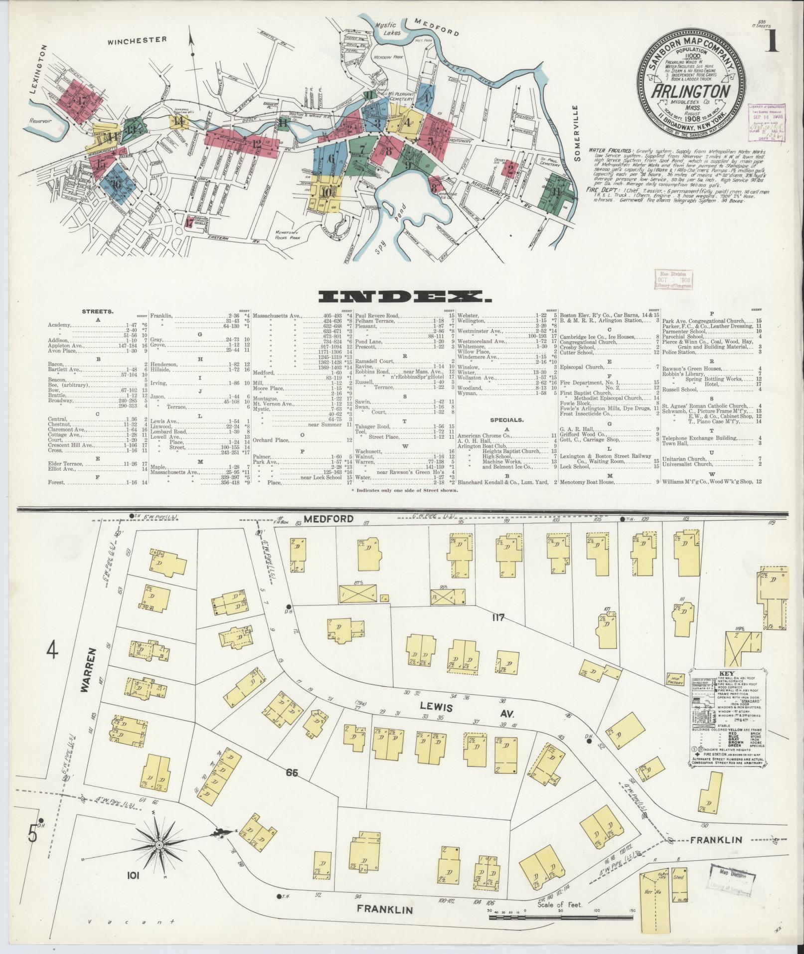 Sanborn Fire Insurance Map from Arlington, Middlesex County, Massachusetts (1908), Sheet #0001 - Historic Sanborn Fire Insurance Map Print, vintage old map wall art, antique decor, genealogy gift, Massachusetts Massachusetts map