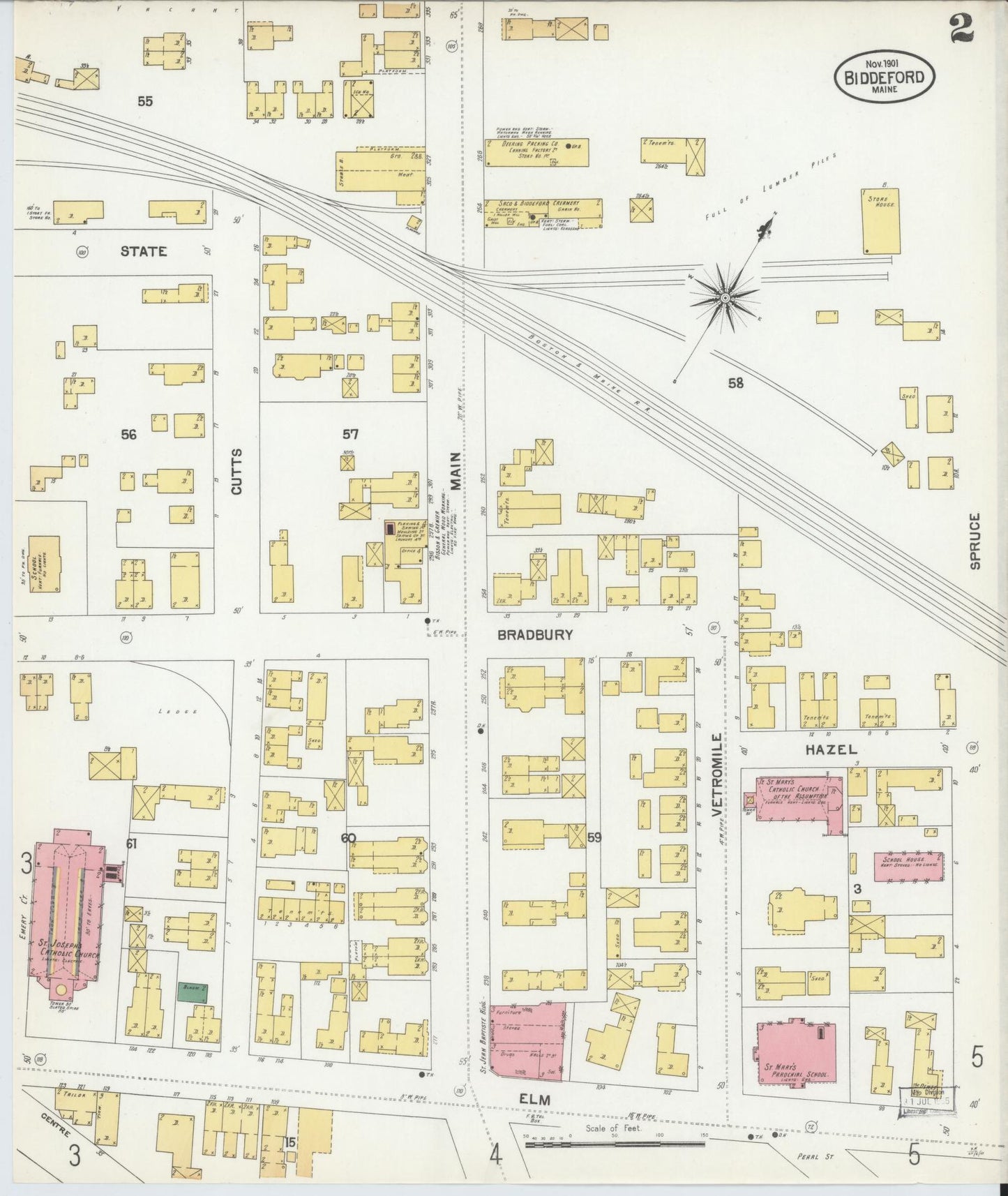 Sanborn Fire Insurance Map from Biddeford, York County, Maine (1901), Sheet #0002 - Complete Map Set gallery image, historic Sanborn map, vintage wall art, Maine Maine