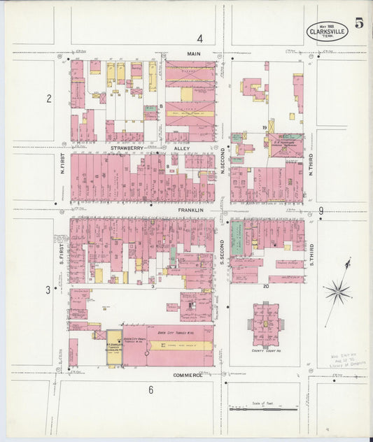 Sanborn Fire Insurance Map from Clarksville, Montgomery County, Tennessee (1908), Sheet #0005 - Historic Sanborn Fire Insurance Map Print, vintage old map wall art, antique decor, genealogy gift, Tennessee Tennessee map