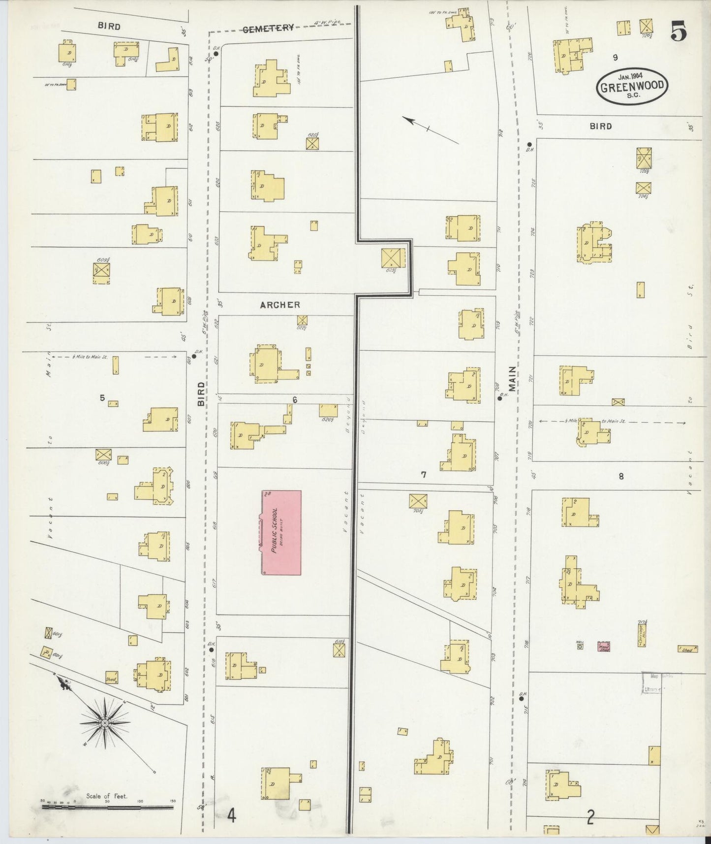 Sanborn Fire Insurance Map from Greenwood, Greenwood County, South Carolina (1904), Sheet #0005 - Historic Sanborn Fire Insurance Map Print, vintage old map wall art, antique decor, genealogy gift, South Carolina South Carolina map