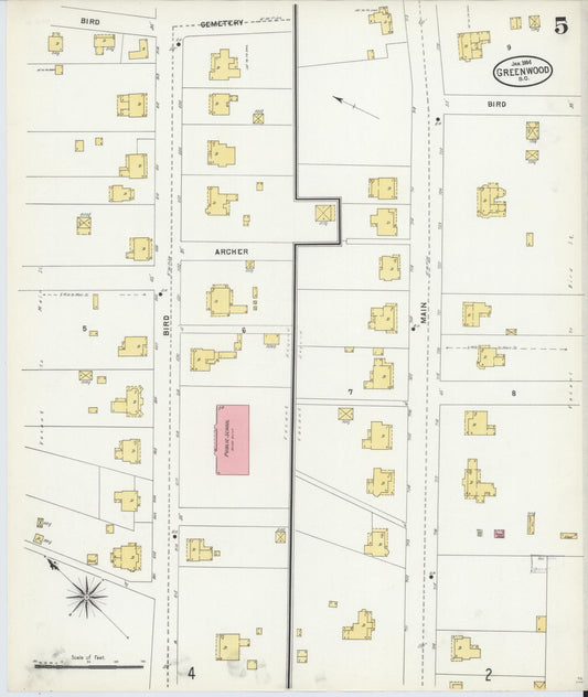 Sanborn Fire Insurance Map from Greenwood, Greenwood County, South Carolina (1904), Sheet #0005 - Historic Sanborn Fire Insurance Map Print, vintage old map wall art, antique decor, genealogy gift, South Carolina South Carolina map