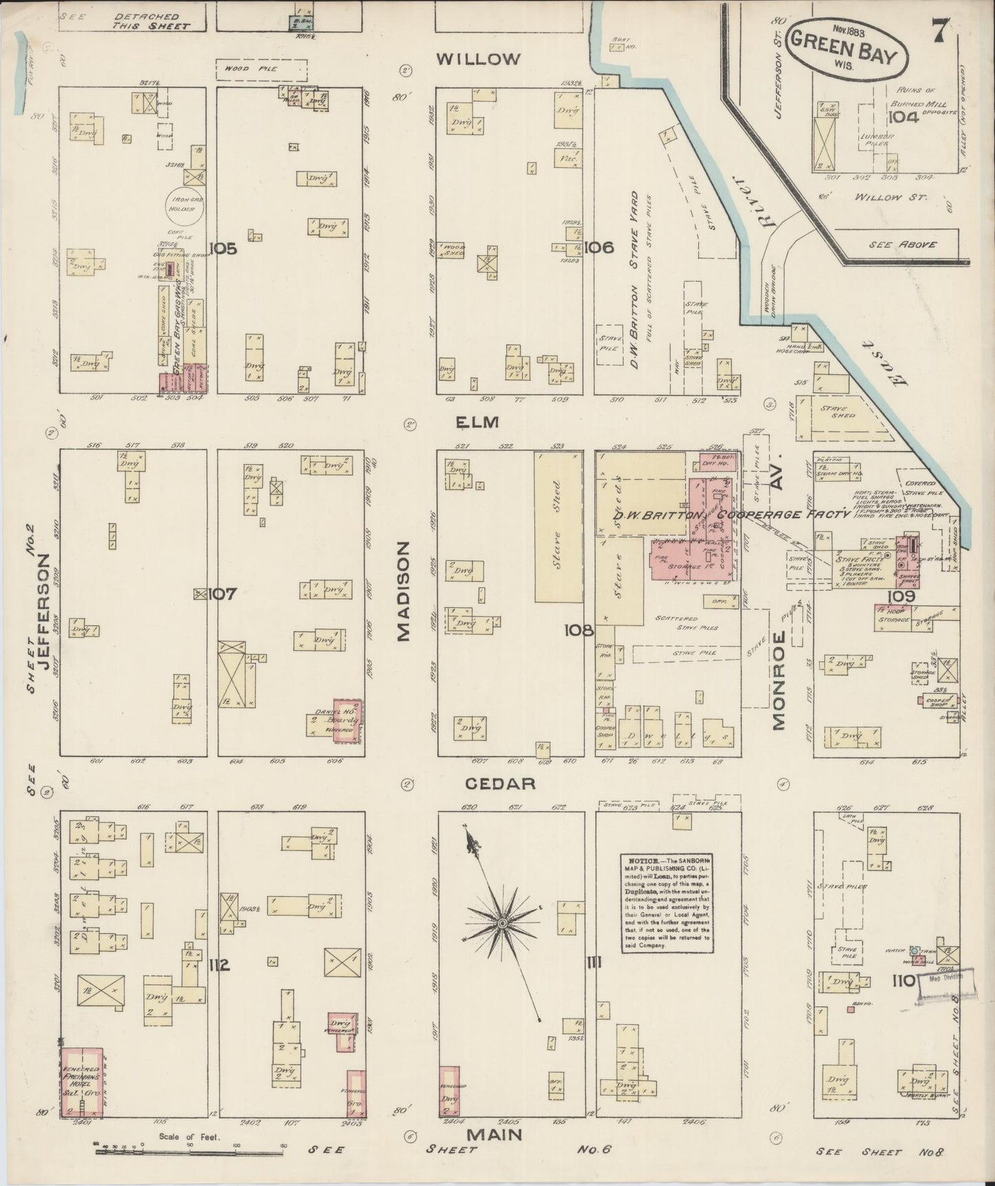 Sanborn Fire Insurance Map from Green Bay, Brown County, Wisconsin (1883), Sheet #0007 - Complete Map Set gallery image, historic Sanborn map, vintage wall art, Wisconsin Wisconsin
