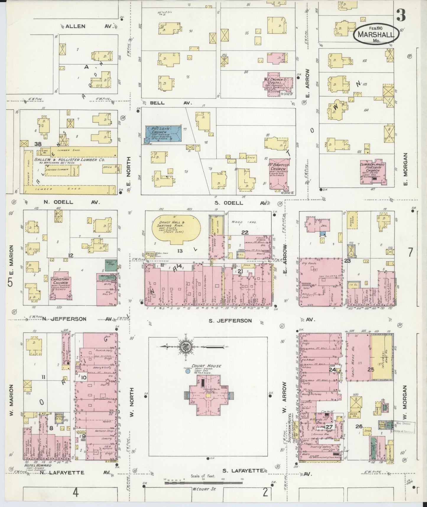Sanborn Fire Insurance Map from Marshall, Saline County, Missouri (1910), Sheet #0003 - Historic Sanborn Fire Insurance Map Print, vintage old map wall art, antique decor, genealogy gift, Missouri Missouri map
