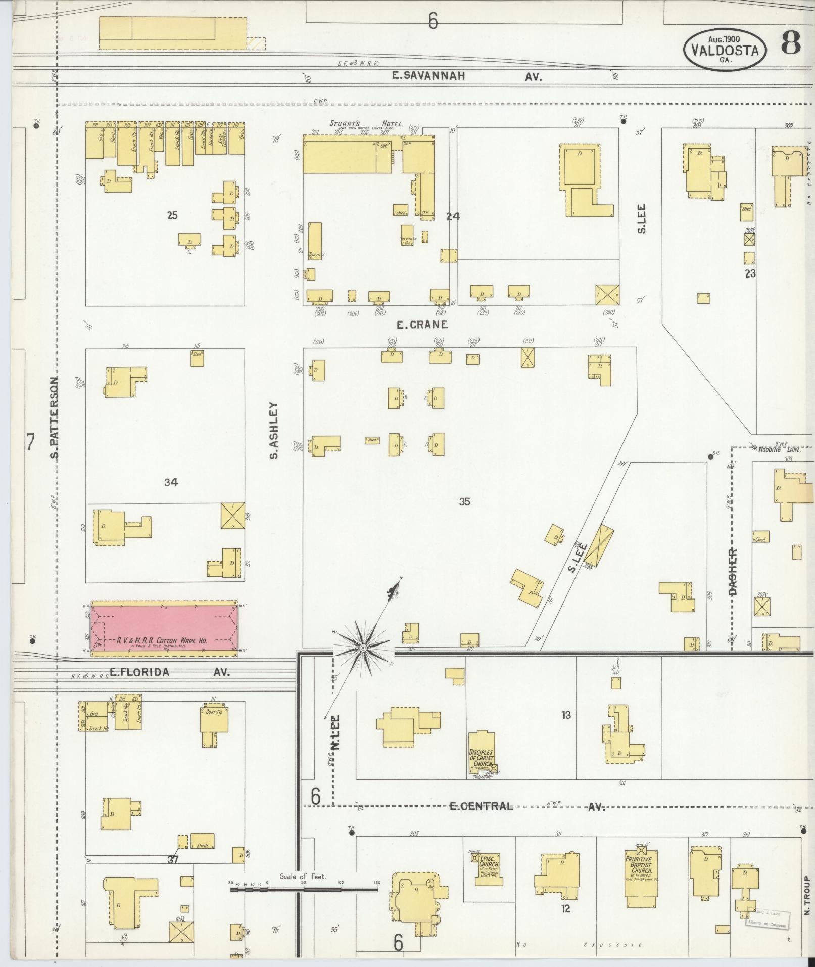 Sanborn Fire Insurance Map from Valdosta, Lowndes County, Georgia (1900), Sheet #0008 - Historic Sanborn Fire Insurance Map Print, vintage old map wall art, antique decor, genealogy gift, Georgia Georgia map