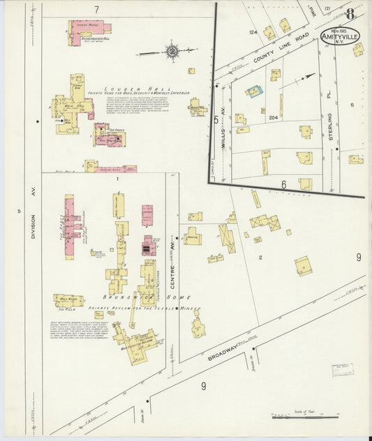 Sanborn Fire Insurance Map from Amityville, Suffolk County, New York (1915), Sheet #0008 - Historic Sanborn Fire Insurance Map Print, vintage old map wall art, antique decor, genealogy gift, New York New York map