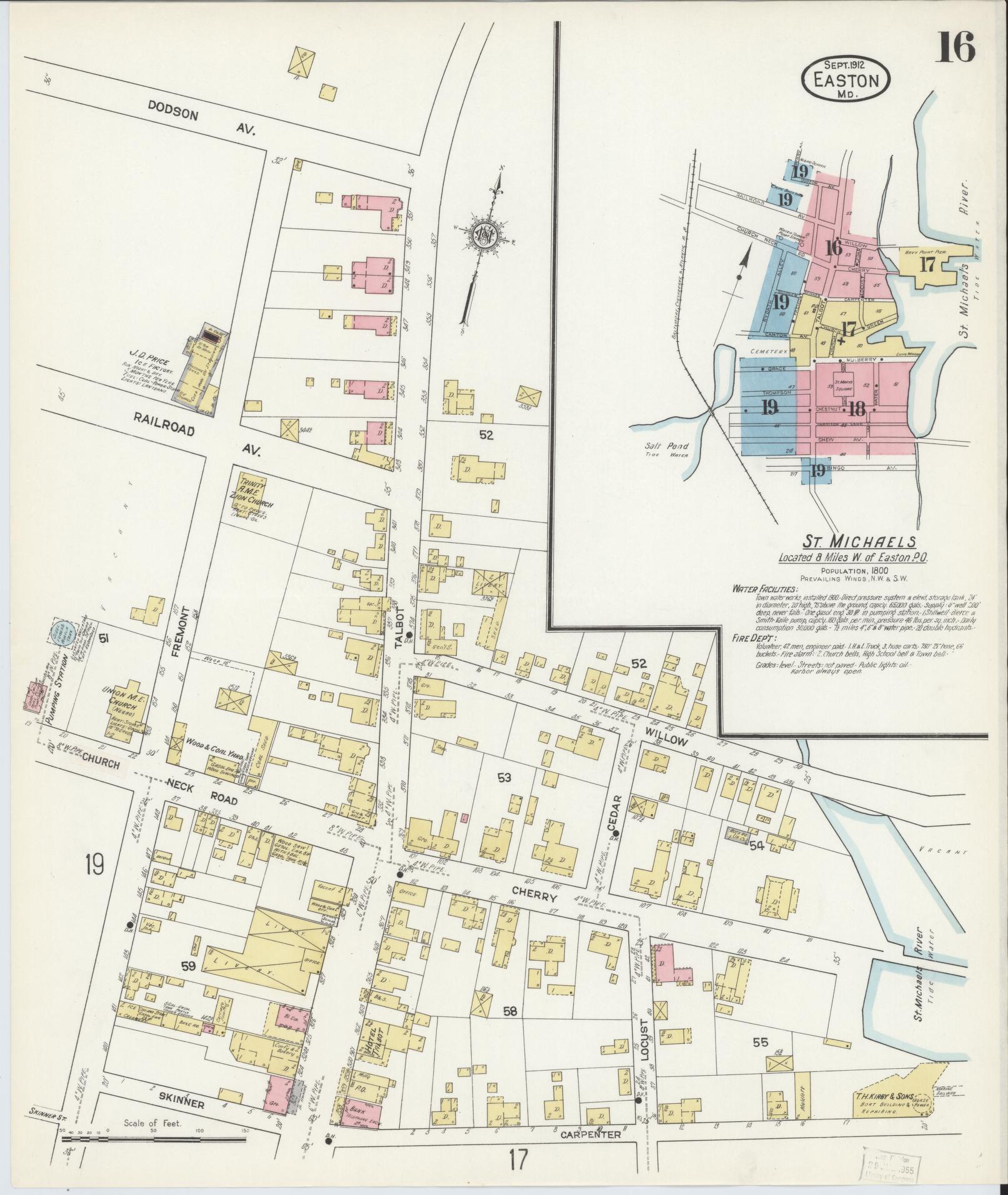 Sanborn Fire Insurance Map from Easton, Talbot County, Maryland (1912), Sheet #0016 - Historic Sanborn Fire Insurance Map Print, vintage old map wall art, antique decor, genealogy gift, Maryland Maryland map