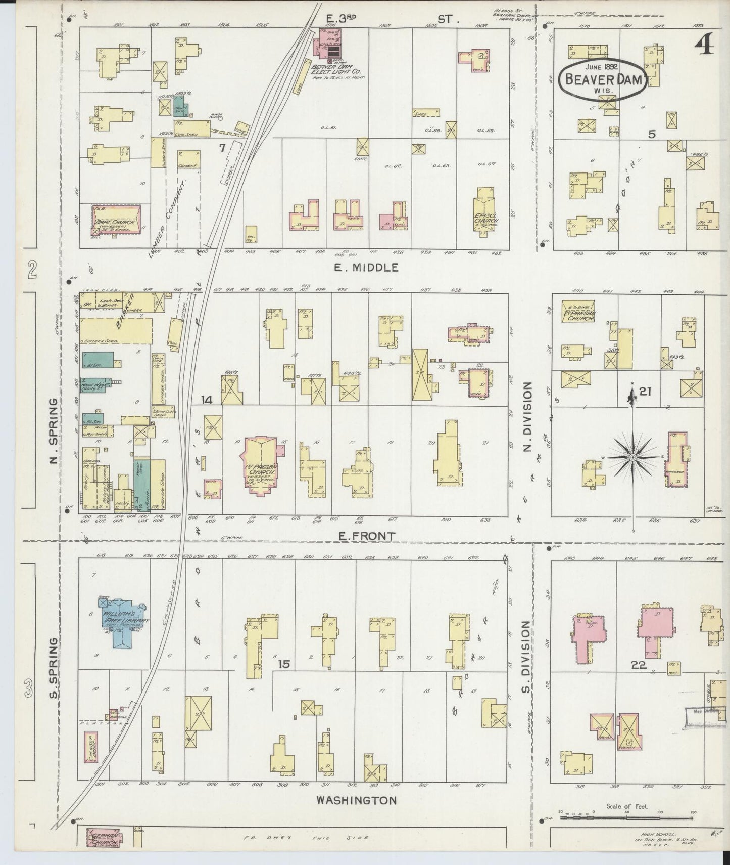 Sanborn Fire Insurance Map from Beaver Dam, Dodge County, Wisconsin (1892), Sheet #0004 - Historic Sanborn Fire Insurance Map Print, vintage old map wall art, antique decor, genealogy gift, Wisconsin Wisconsin map