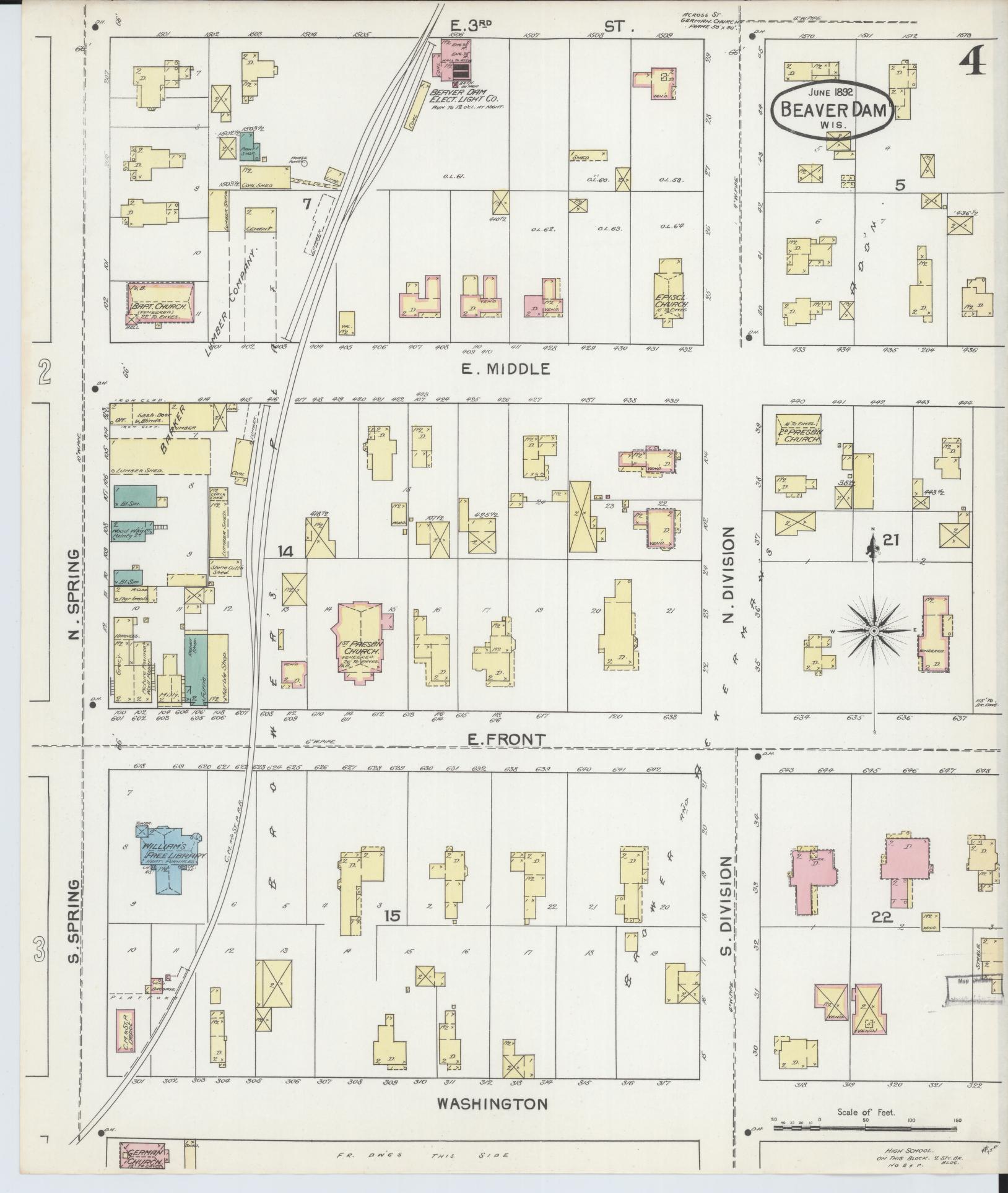 Sanborn Fire Insurance Map from Beaver Dam, Dodge County, Wisconsin (1892), Sheet #0004 - Historic Sanborn Fire Insurance Map Print, vintage old map wall art, antique decor, genealogy gift, Wisconsin Wisconsin map