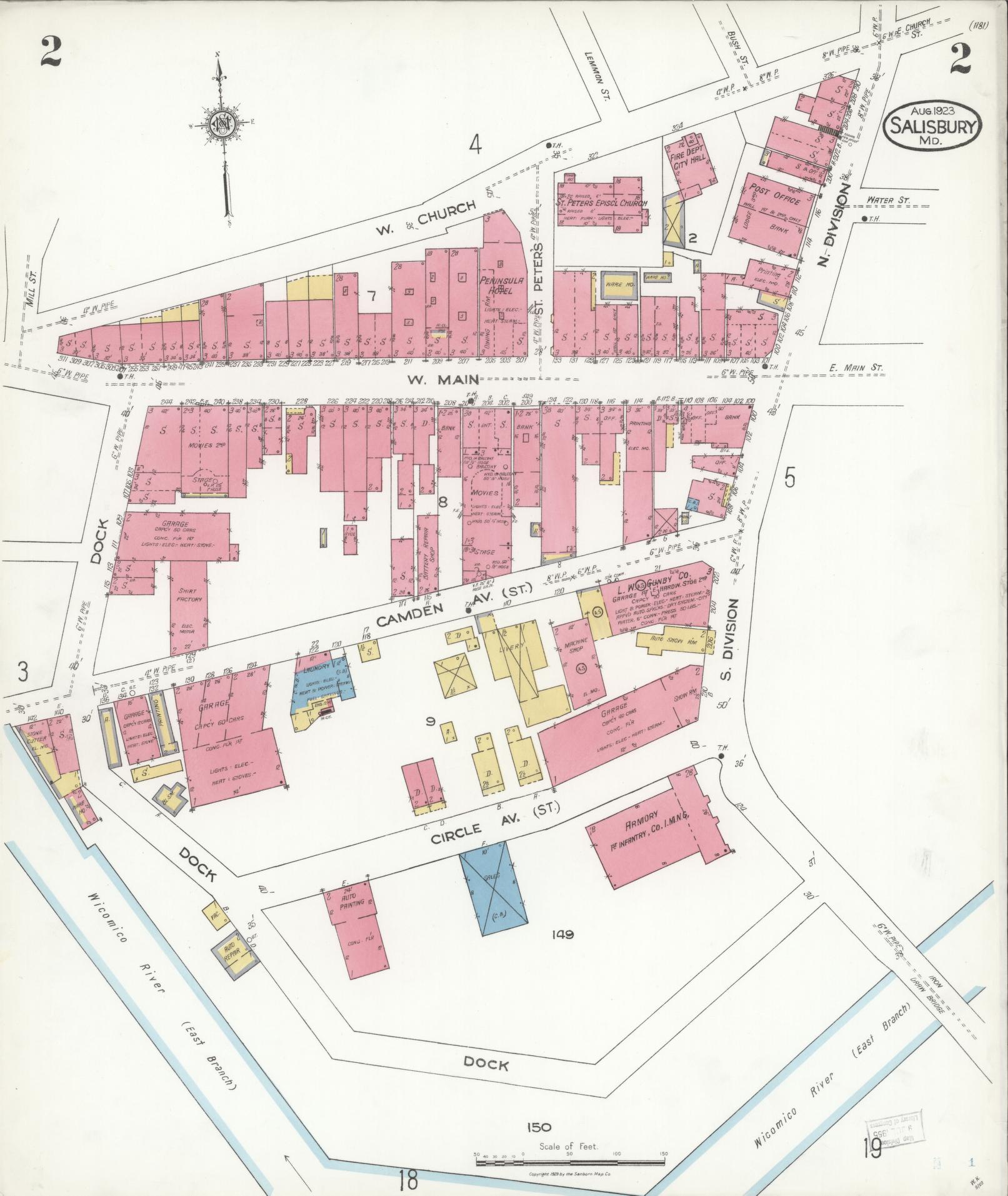 Sanborn Fire Insurance Map from Salisbury, Wicomico County, Maryland (1923), Sheet #0002 - Historic Sanborn Fire Insurance Map Print, vintage old map wall art