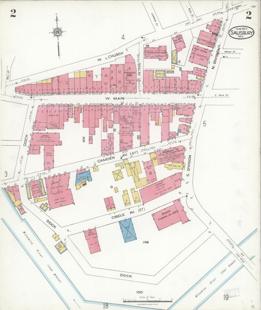 Sanborn Fire Insurance Map from Salisbury, Wicomico County, Maryland (1923), Sheet #0002 - Historic Sanborn Fire Insurance Map Print, vintage old map wall art