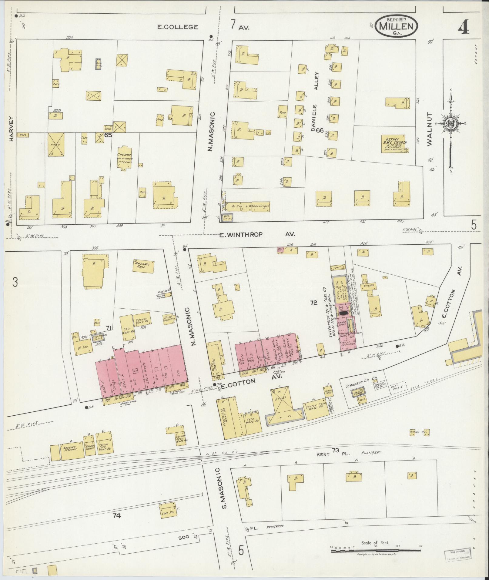 Sanborn Fire Insurance Map from Millen, Jenkins County, Georgia (1917), Sheet #0004 - Historic Sanborn Fire Insurance Map Print, vintage old map wall art, antique decor, genealogy gift, Georgia Georgia map