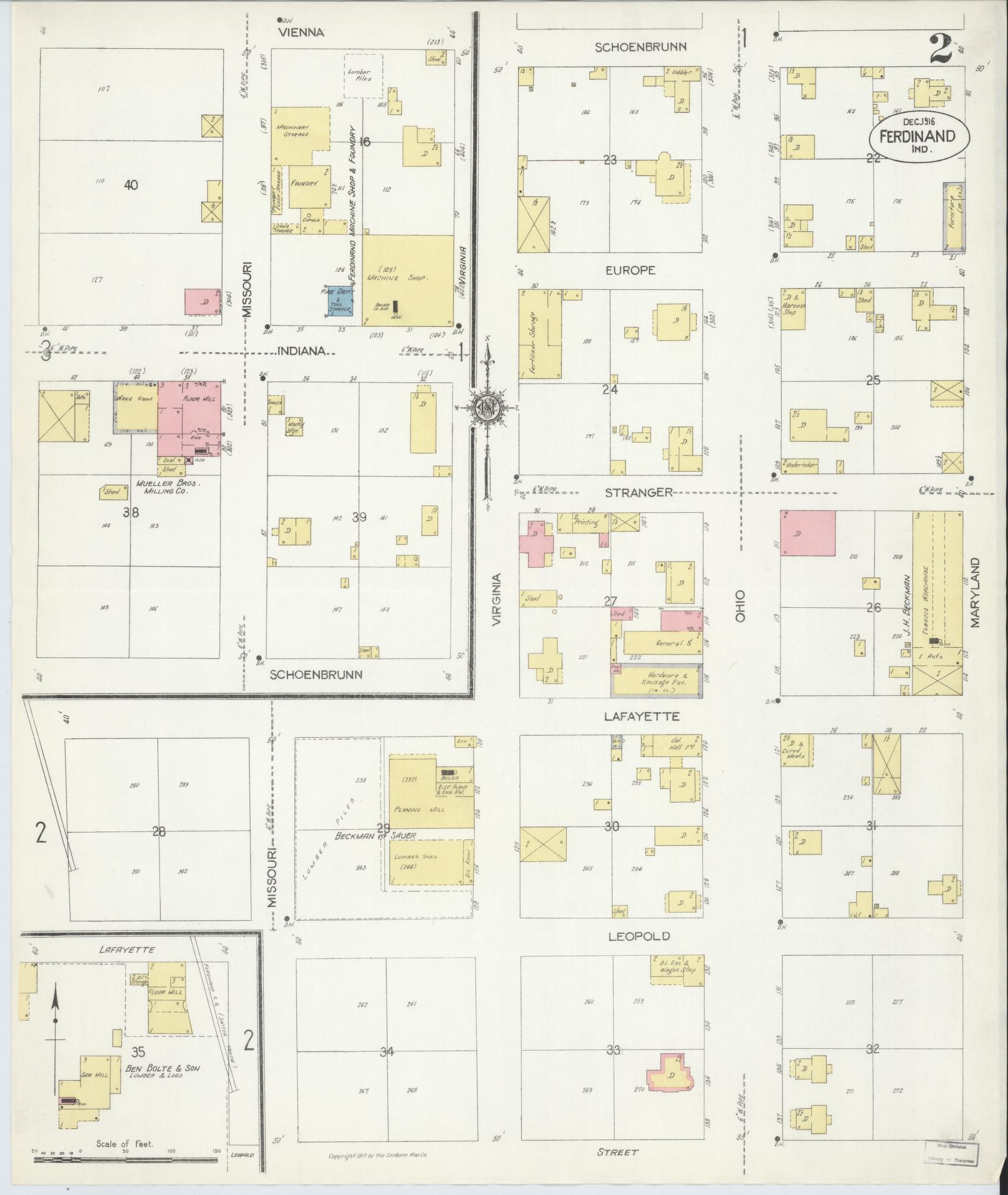 Sanborn Fire Insurance Map from Ferdinand, Dubois County, Indiana (1916), Sheet #0002 - Complete Map Set gallery image, historic Sanborn map, vintage wall art, Indiana Indiana