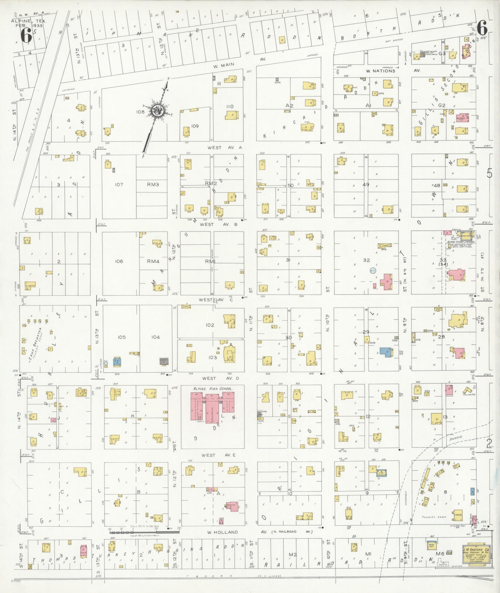 Sanborn Fire Insurance Map from Alpine, Brewster County, Texas (1933), Sheet #0006 - Historic Sanborn Fire Insurance Map Print, vintage old map wall art, antique decor, genealogy gift, Texas Texas map